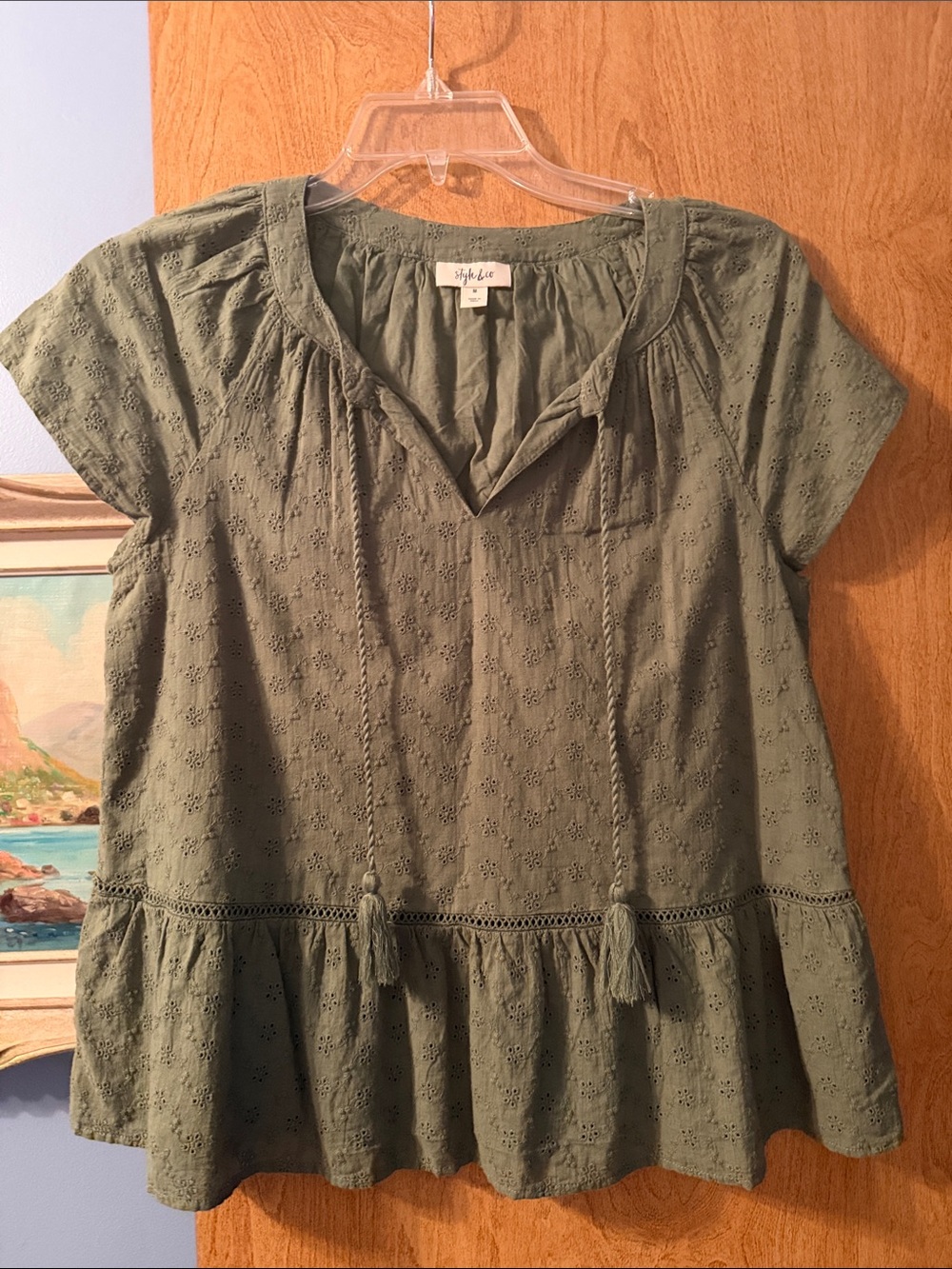 Style & Co. Olive Eyelet Tassel Peplum Blouse